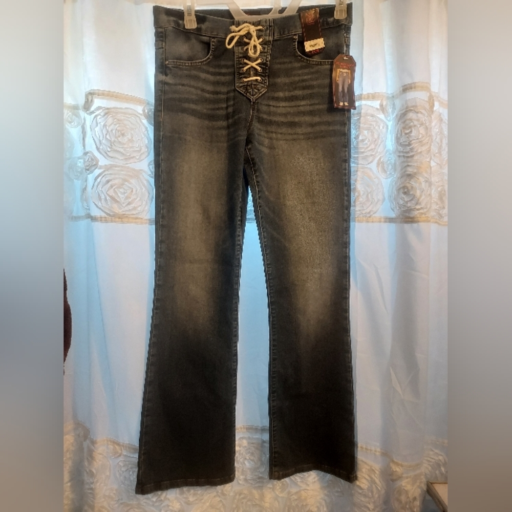 NWT LACE UP DENIM STRETCH WAIST BOOT CUT JEANS
